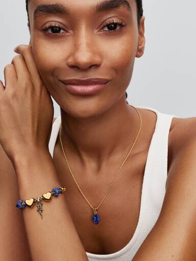 Braided 14k gold-plated box chain bracelet with blue textile cord