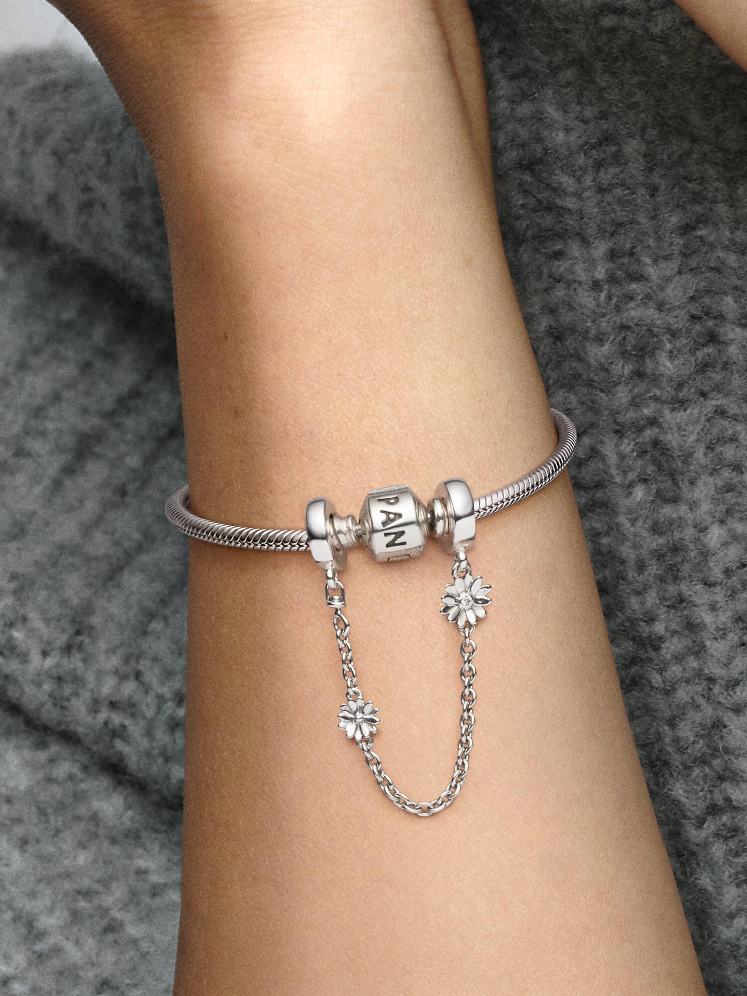 Daisy sterling silver safety chain with clear cubic zirconia