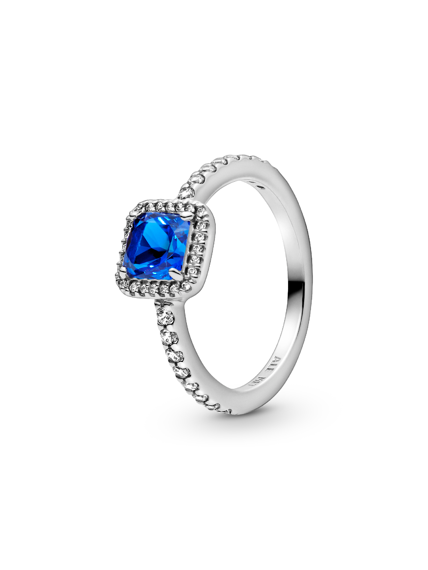 Square sterling silver ring with true blue crystal and clear cubic zirconia