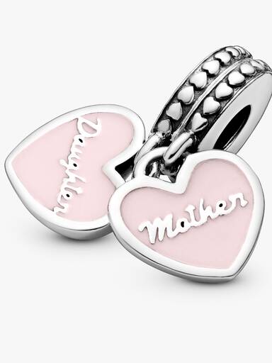 Mother and daughter split heart silver dangle with clear cubic zirconia and pink enamel