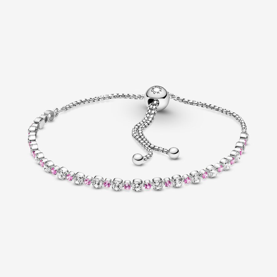 Rhodium plated sterling silver slider bracelet with clear cubic zirconia and synthetic pink sapphire image number 0