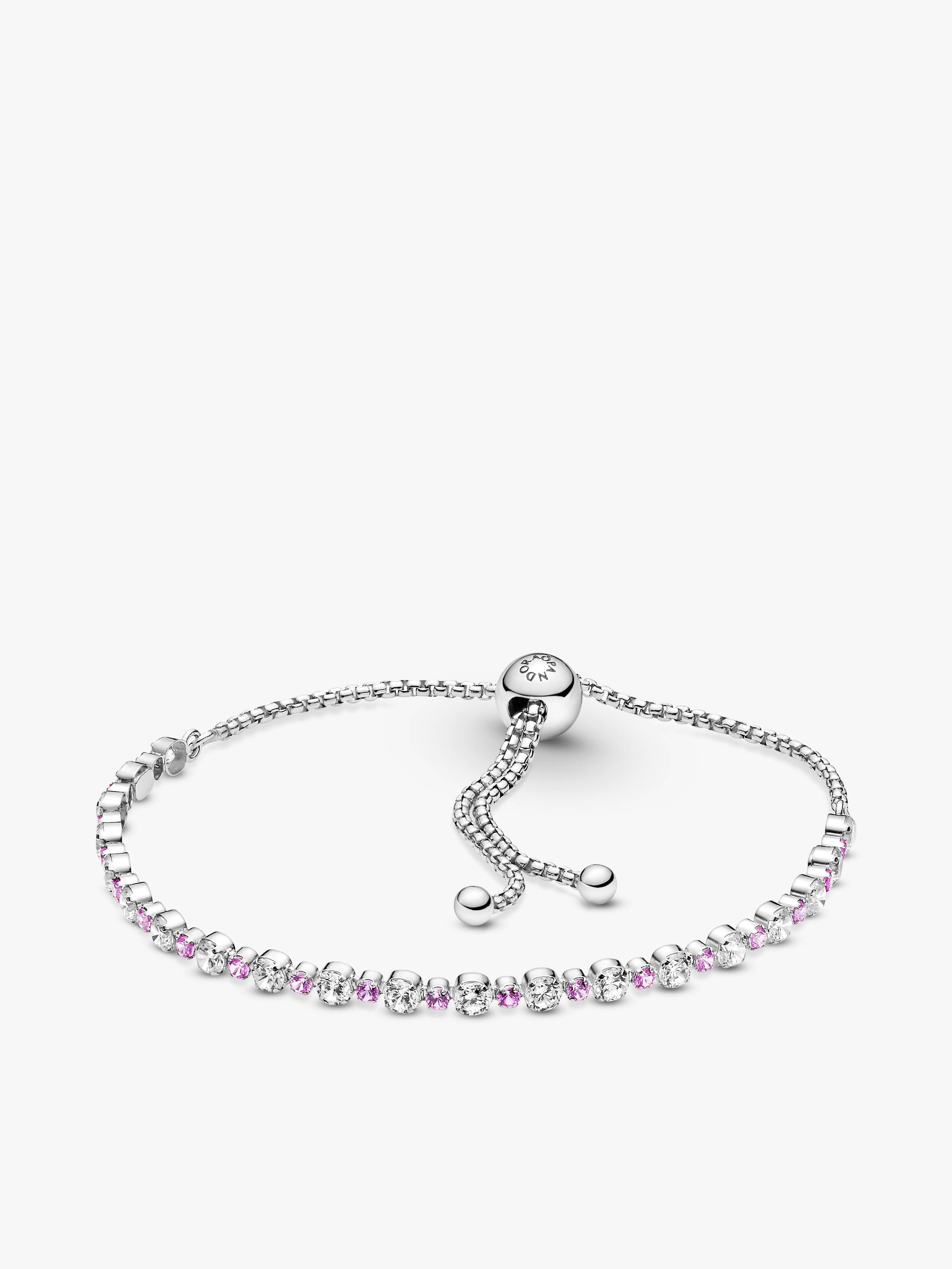 Rhodium plated sterling silver slider bracelet with clear cubic zirconia and synthetic pink sapphire