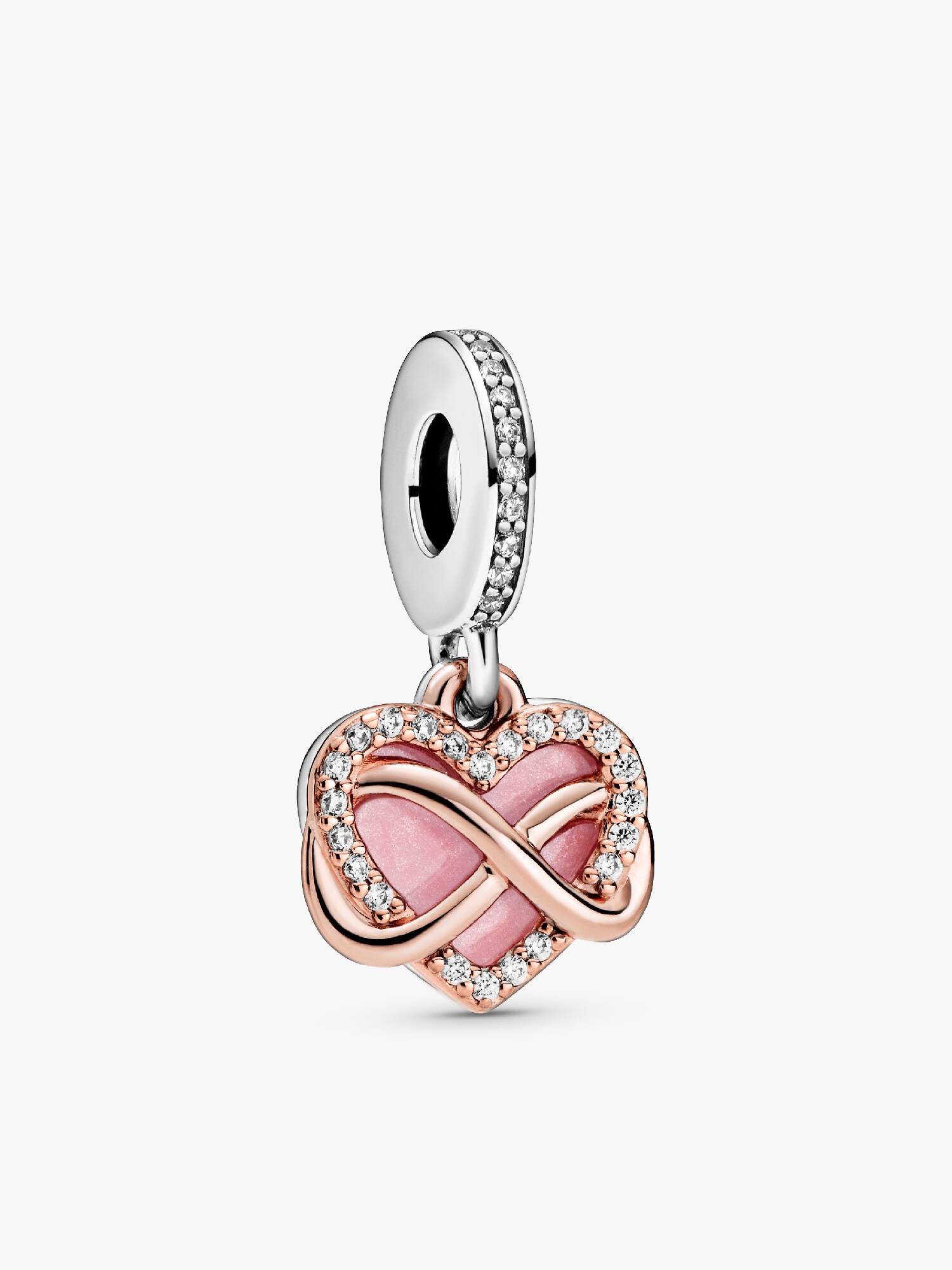 Infinity heart 14k rose gold-plated and sterling silver dangle with clear cubic zirconia and pink enamel