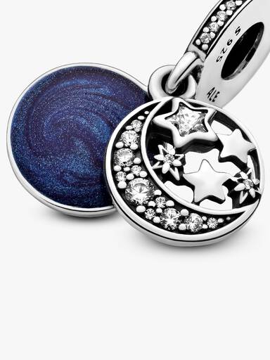 Moon and star silver dangle with clear cubic zirconia and blue enamel