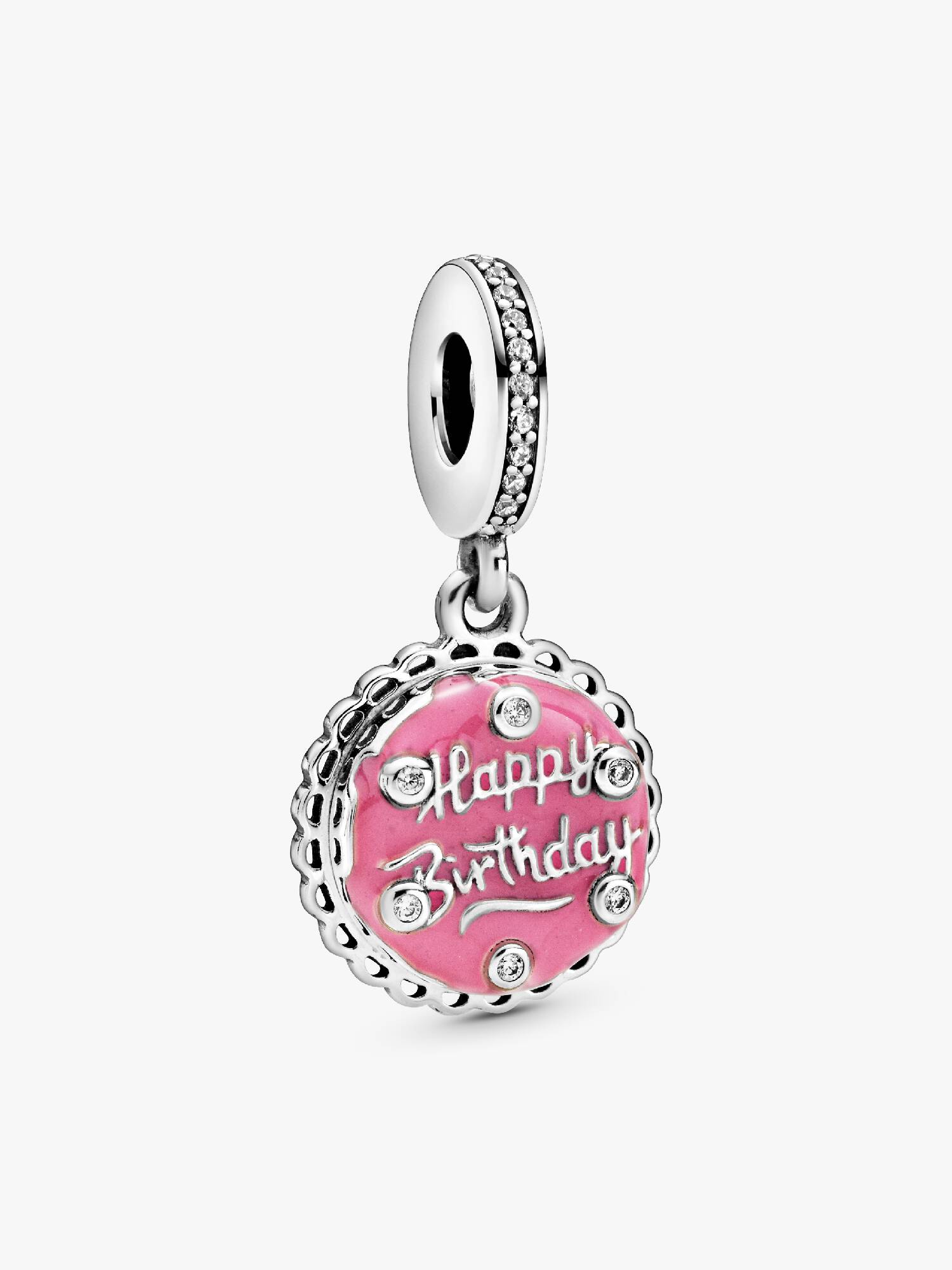 Birthday cake sterling silver dangle with clear cubic zirconia and pink enamel