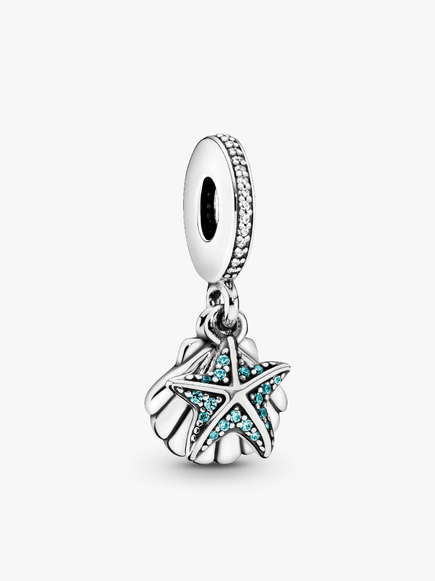 Starfish and shell silver dangle with frosty mint cubic zirconia and clear cubic zirconia