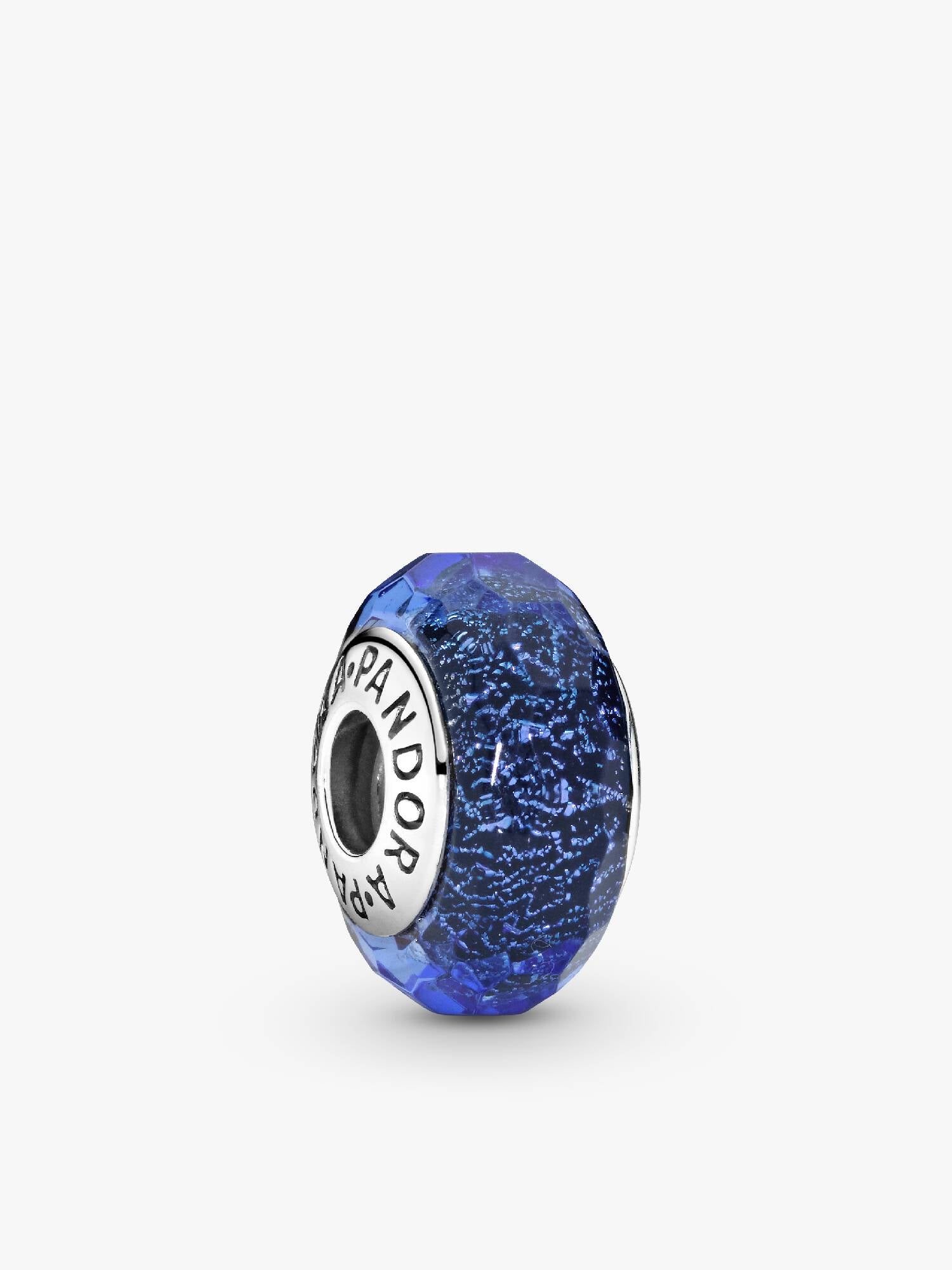 Abstract silver charm with faceted iridescent blue Murano glass