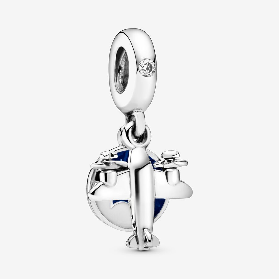 Airplane silver dangle with clear cubic zirconia, blue and white enamel image number 0