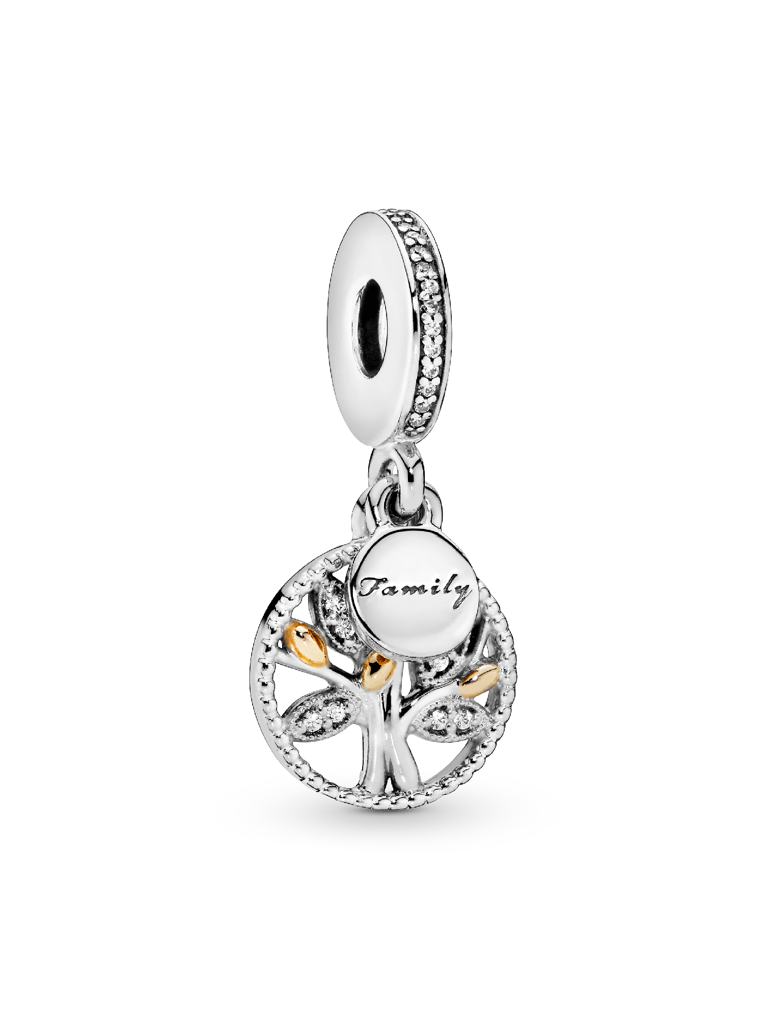 Family tree silver dangle with 14k and clear cubic zirconia