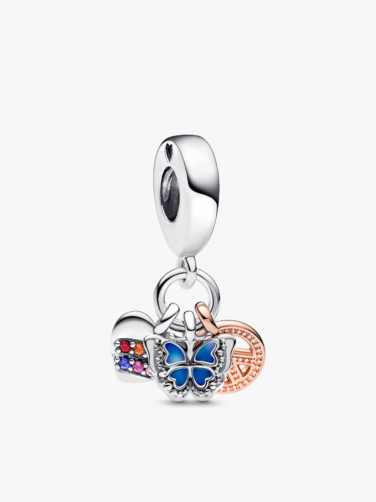 Two-Tone Rainbow Heart, Butterfly & Peace Triple Dangle Charm