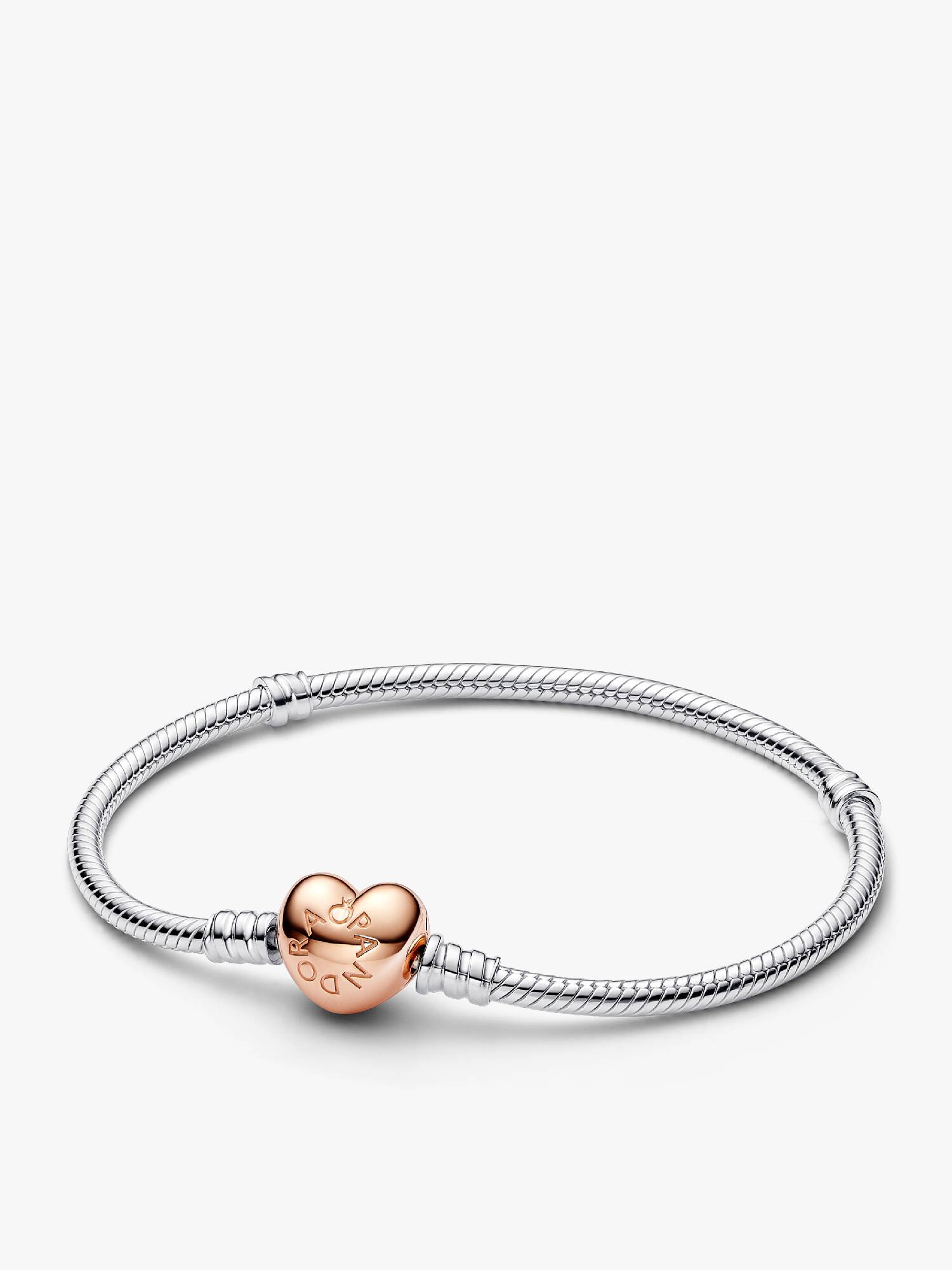 Silver bracelet with heart-shaped 14k rose gold-plated clasp
