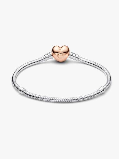 Silver bracelet with heart-shaped 14k rose gold-plated clasp