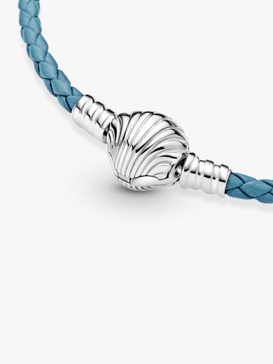 Pandora Moments Seashell Clasp Turquoise Braided Leather Bracelet