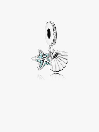 Starfish and shell silver dangle with frosty mint cubic zirconia and clear cubic zirconia