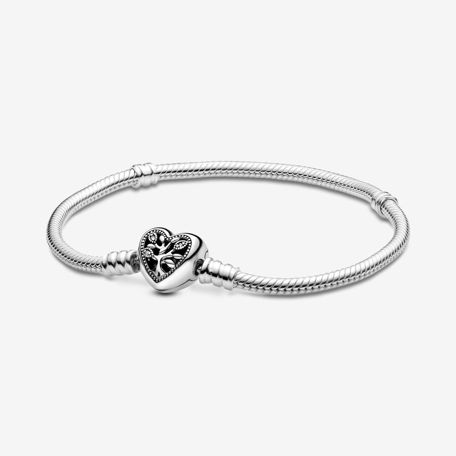Snake chain sterling silver bracelet and heart clasp with clear cubic zirconia and black enamel image number 0