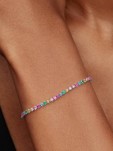 Sterling silver tennis bracelet with yellow, blue, phlox pink, green crystal, pink, clear and fancy pink cubic zirconia