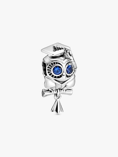 Graduation owl sterling silver charm with stellar blue crystal