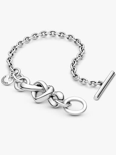 Knotted hearts silver T-bar bracelet
