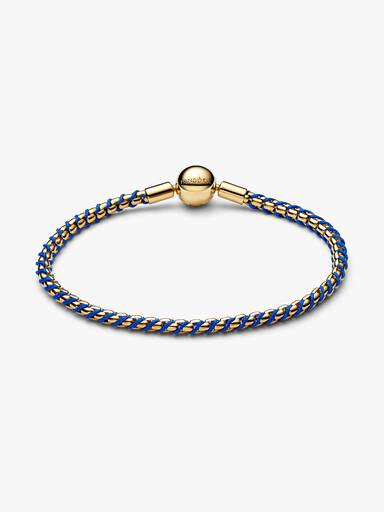 Braided 14k gold-plated box chain bracelet with blue textile cord