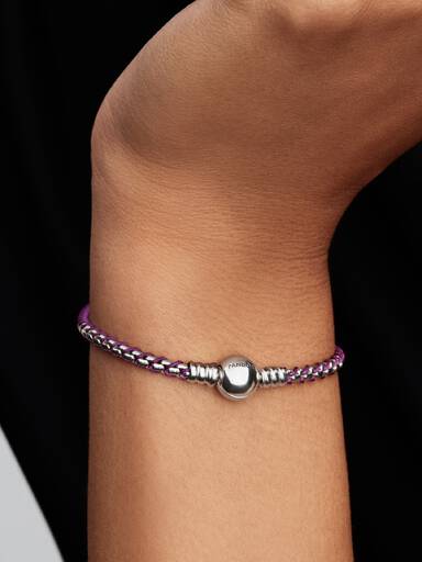 Braided sterling silver box chain bracelet with purple textile cord