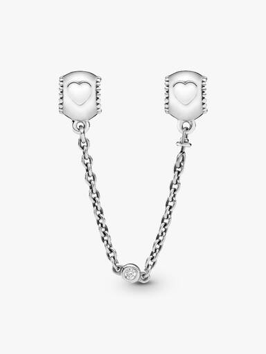 Hearts silver safety chain with clear cubic zirconia