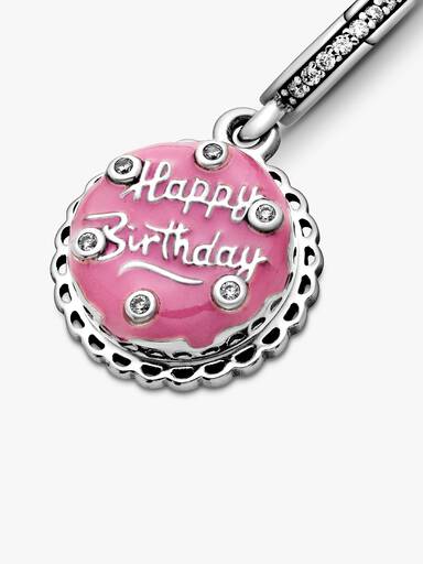 Birthday cake sterling silver dangle with clear cubic zirconia and pink enamel