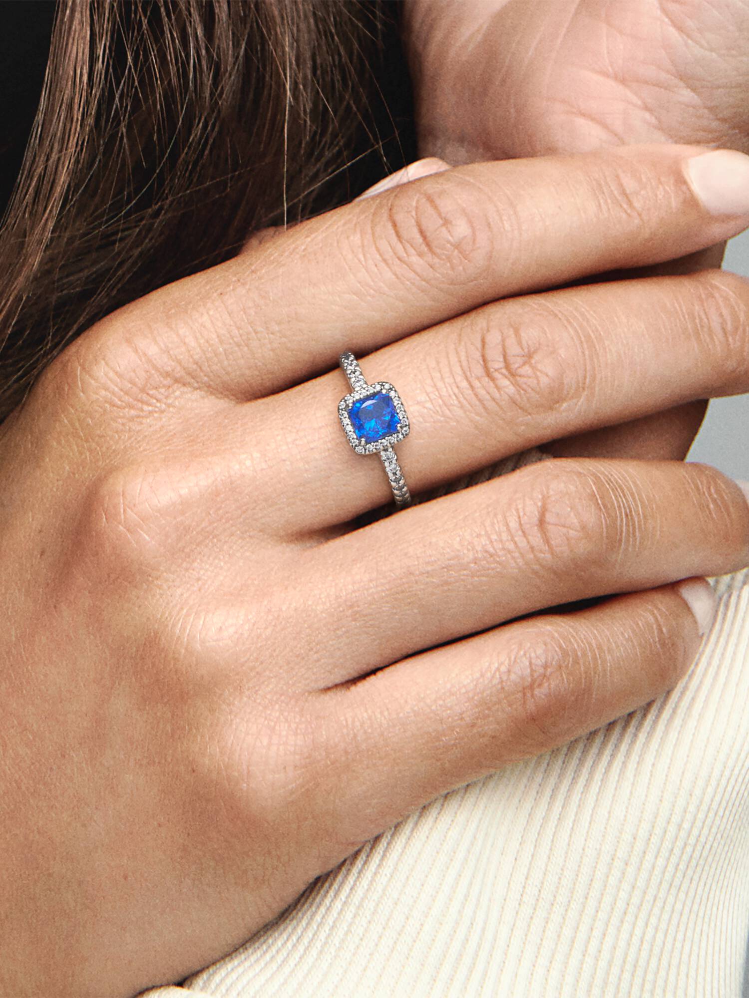 Square sterling silver ring with true blue crystal and clear cubic zirconia