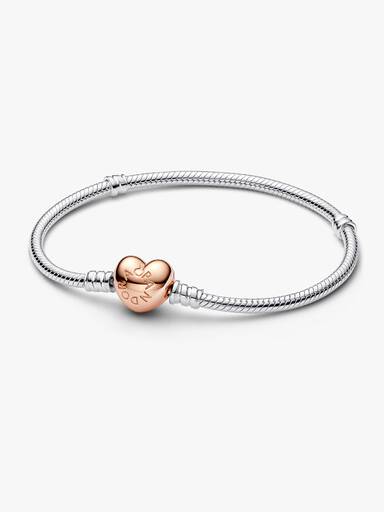 Silver bracelet with heart-shaped 14k rose gold-plated clasp