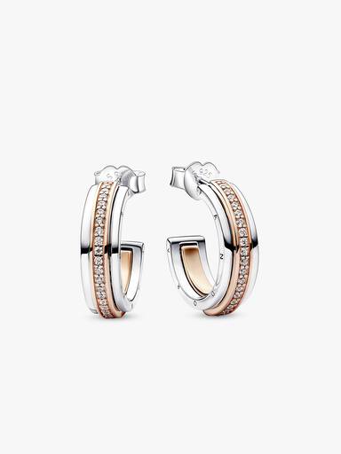 Pandora Signature Two tone Logo & Pavé Hoop Earrings