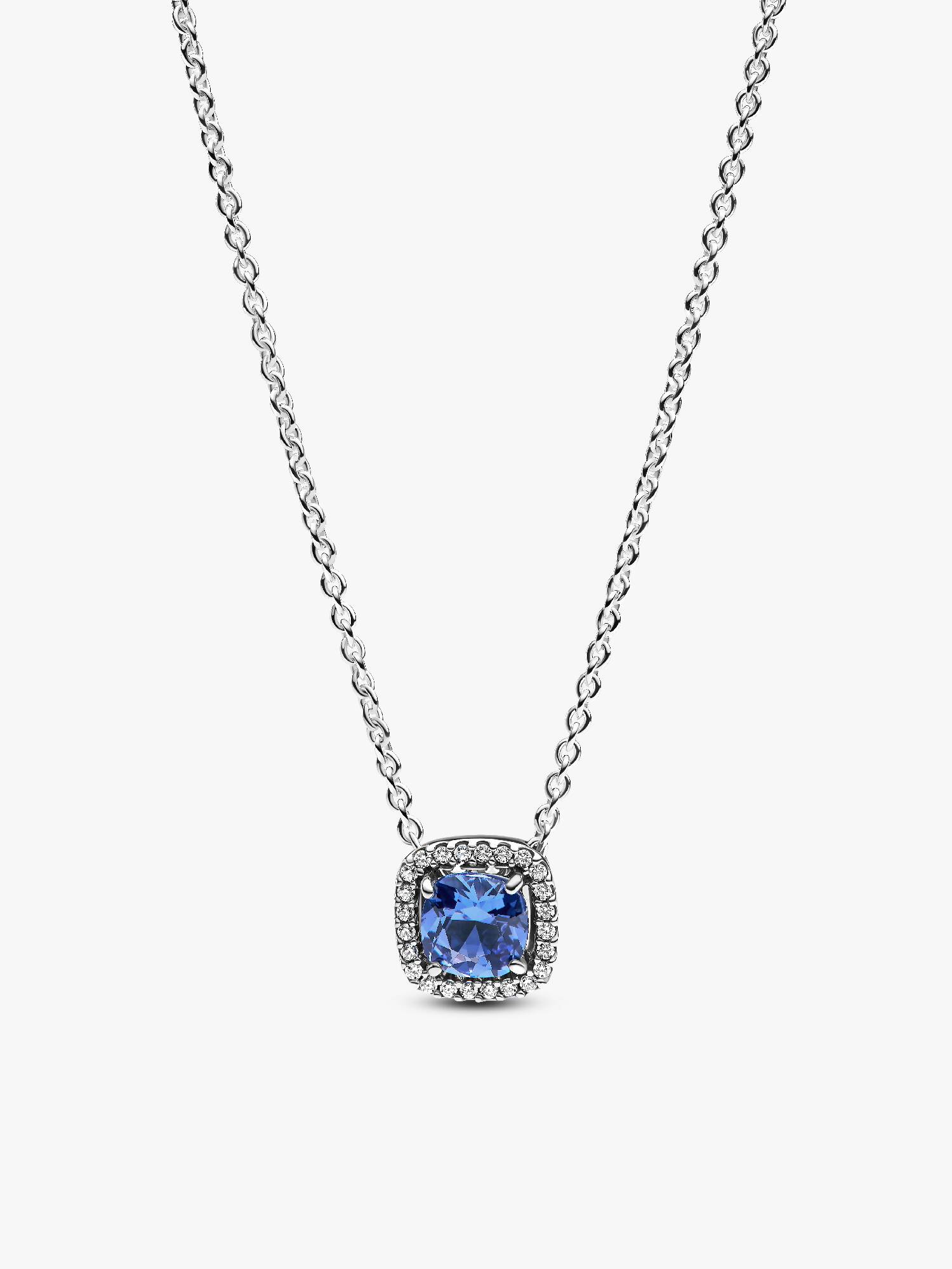 Sparkling Square Blue Halo Pendant Necklace