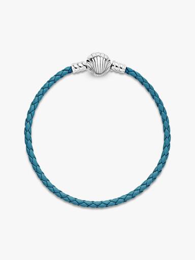 Pandora Moments Seashell Clasp Turquoise Braided Leather Bracelet