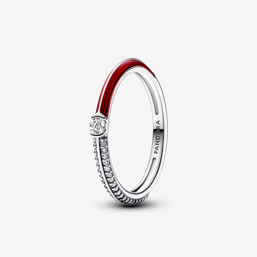 خاتمٌ بتصميم ثنائيّ مرصوف بالأحجار ومكسو بالمينا الحمراء من Pandora ME image number 0