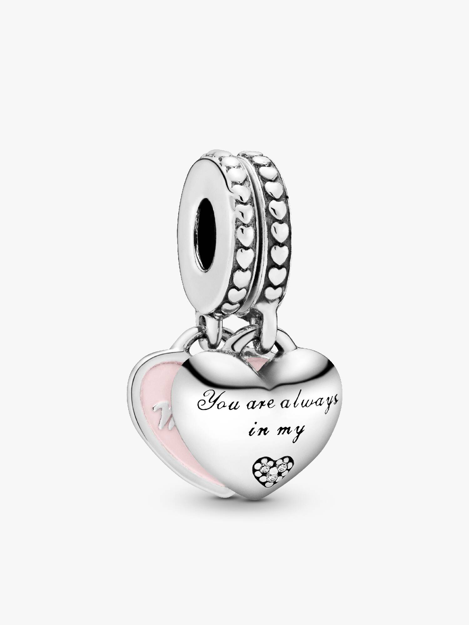 Mother and daughter split heart silver dangle with clear cubic zirconia and pink enamel
