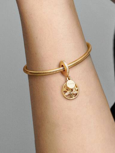 Family tree 14k gold-plated dangle with clear cubic zirconia