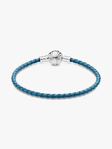 Pandora Moments Seashell Clasp Turquoise Braided Leather Bracelet