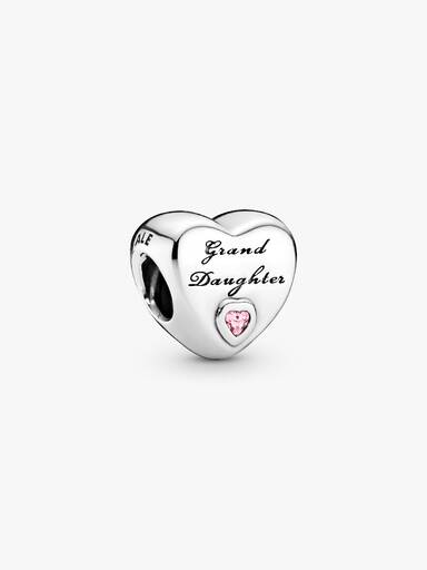 Granddaughter heart silver charm with pink cubic zirconia