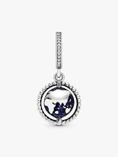 Globe silver dangle with clear cubic zirconia and blue enamel