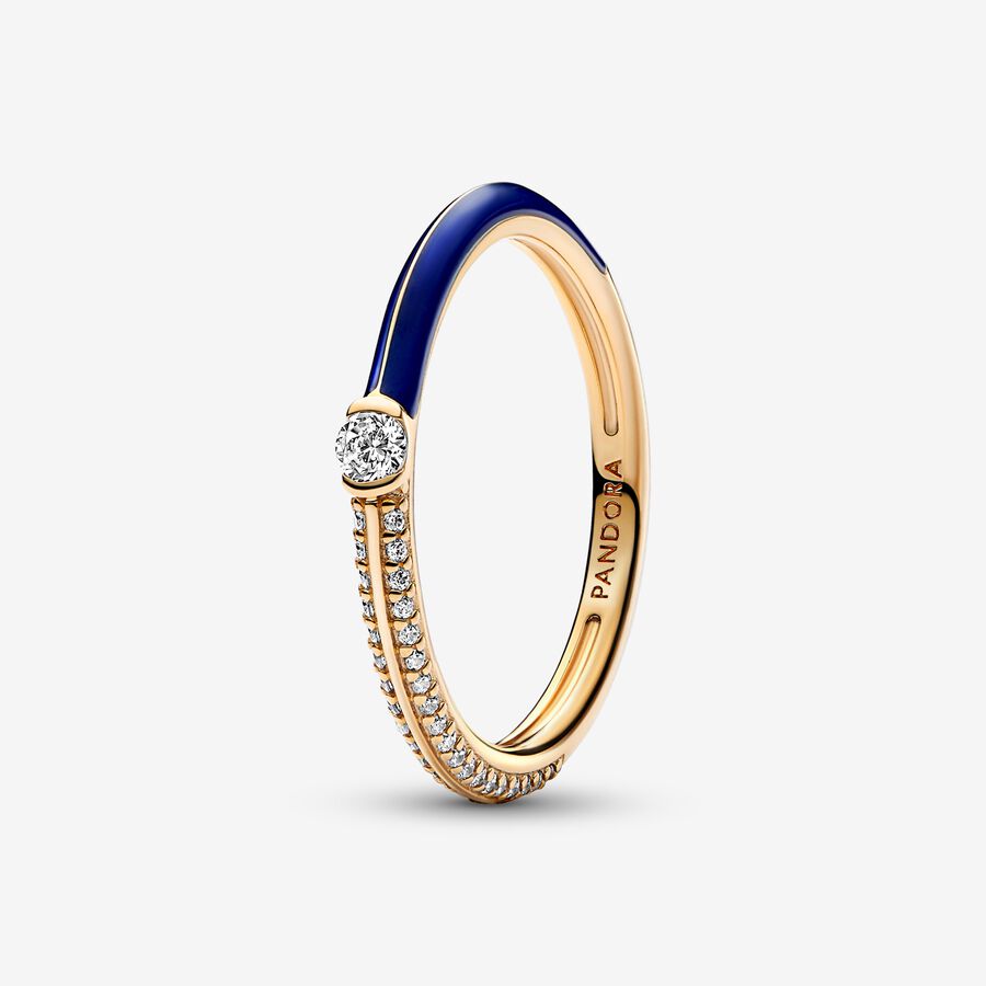 خاتمٌ بتصميم ثنائيّ مرصوف بالأحجار ومكسو بالمينا الزرقاء من Pandora ME image number 0