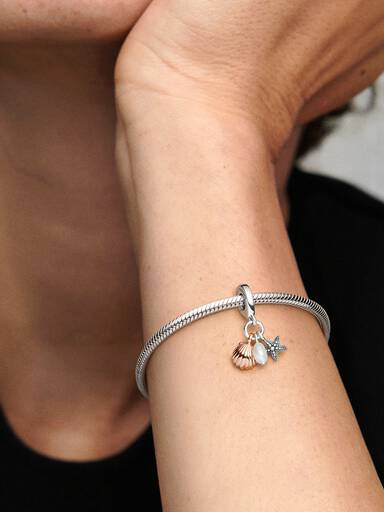 Treated Freshwater Cultured Pearl, Starfish & Shell Triple Dangle Charm