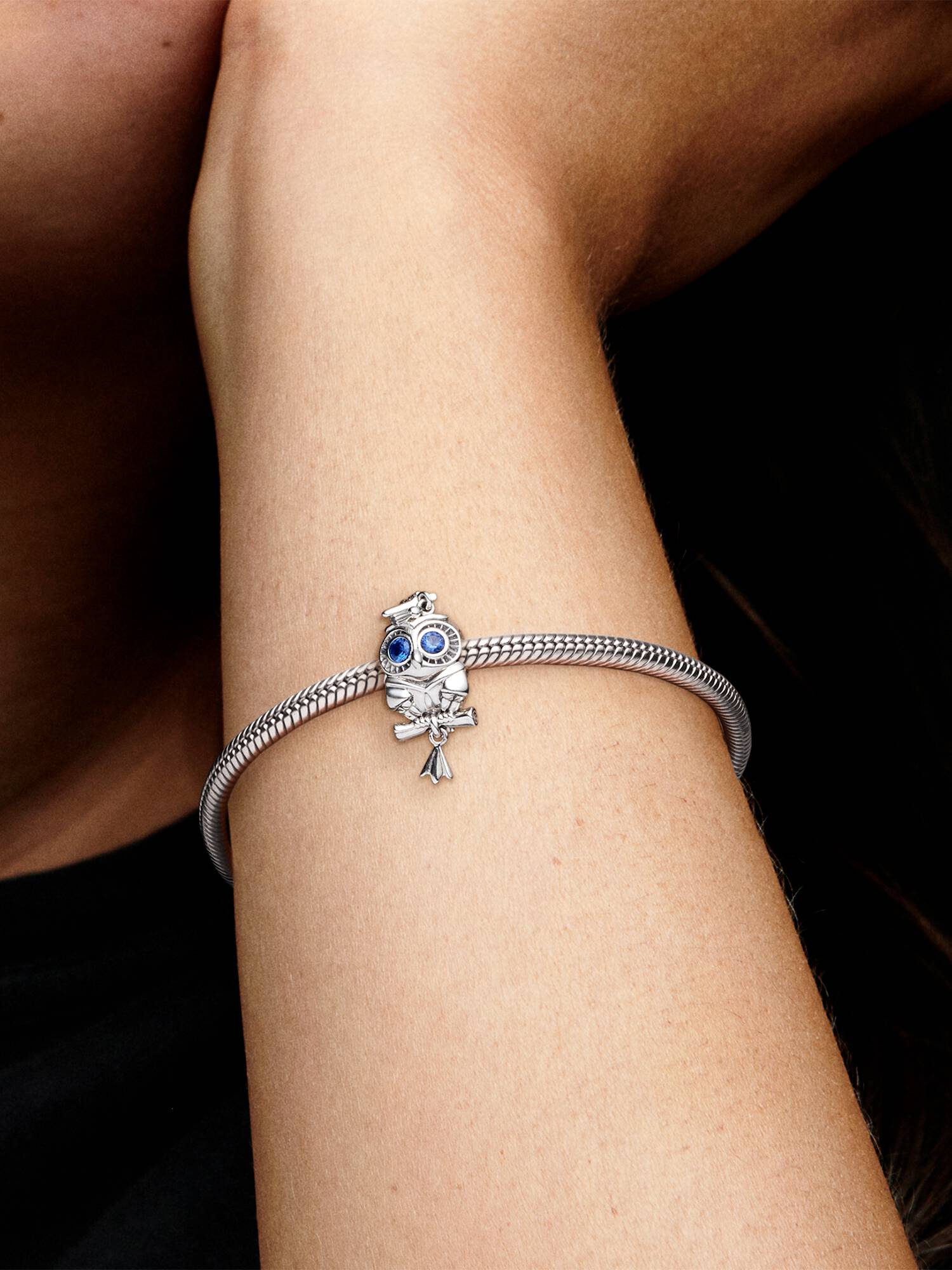Graduation owl sterling silver charm with stellar blue crystal