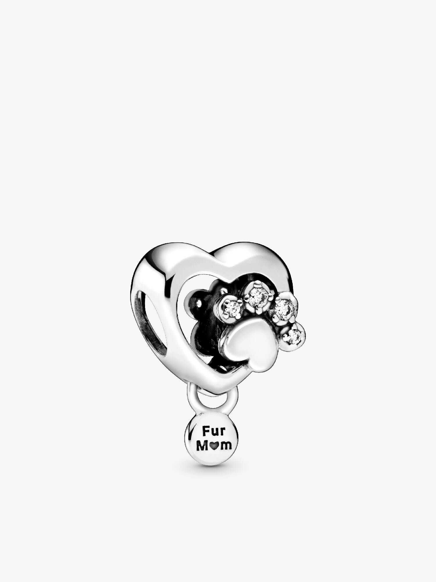 Paw heart sterling silver charm with clear cubic zirconia