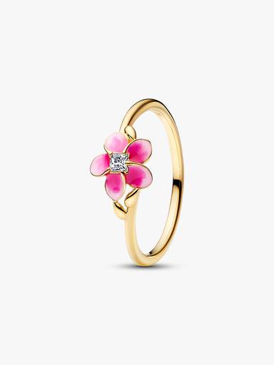 Disney Moana pink plumeria 14k gold-plated ring with clear cubic zirconia and shaded pink enamel