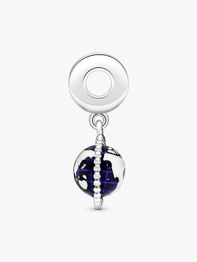 Globe silver dangle with clear cubic zirconia and blue enamel