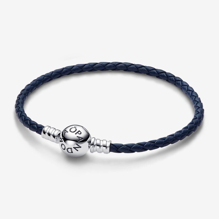 Pandora Moments Round Clasp Blue Braided Leather Bracelet image number 0