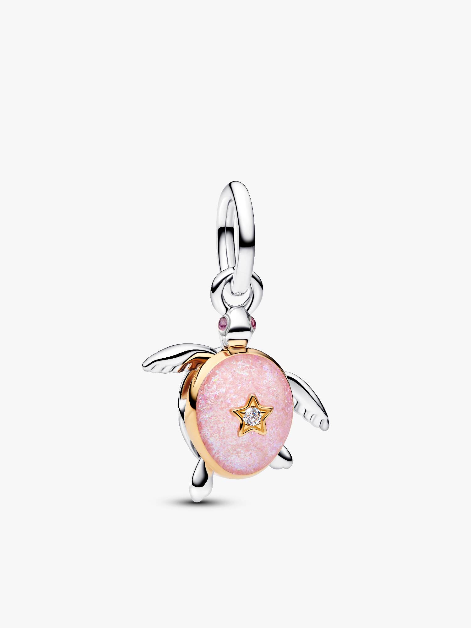 Moveable turtle sterling silver and 14k gold-plated dangle with 0.007 ct TW G-I VS+ round brilliant very good cut lab-grown diamond and pink