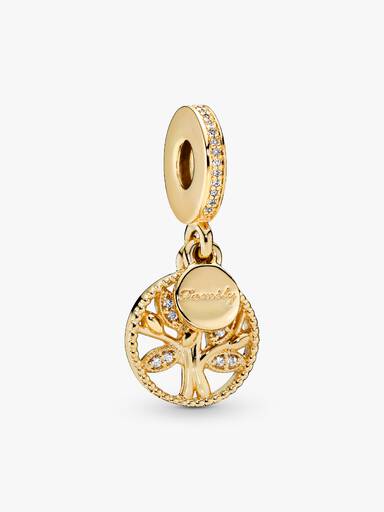 Family tree 14k gold-plated dangle with clear cubic zirconia