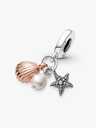 Treated Freshwater Cultured Pearl, Starfish & Shell Triple Dangle Charm