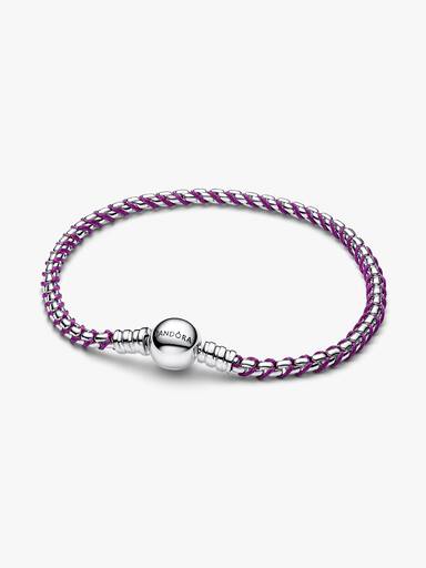 Braided sterling silver box chain bracelet with purple textile cord