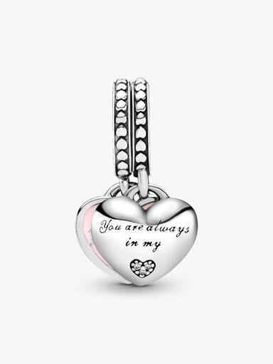 Mother and daughter split heart silver dangle with clear cubic zirconia and pink enamel