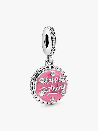 Birthday cake sterling silver dangle with clear cubic zirconia and pink enamel